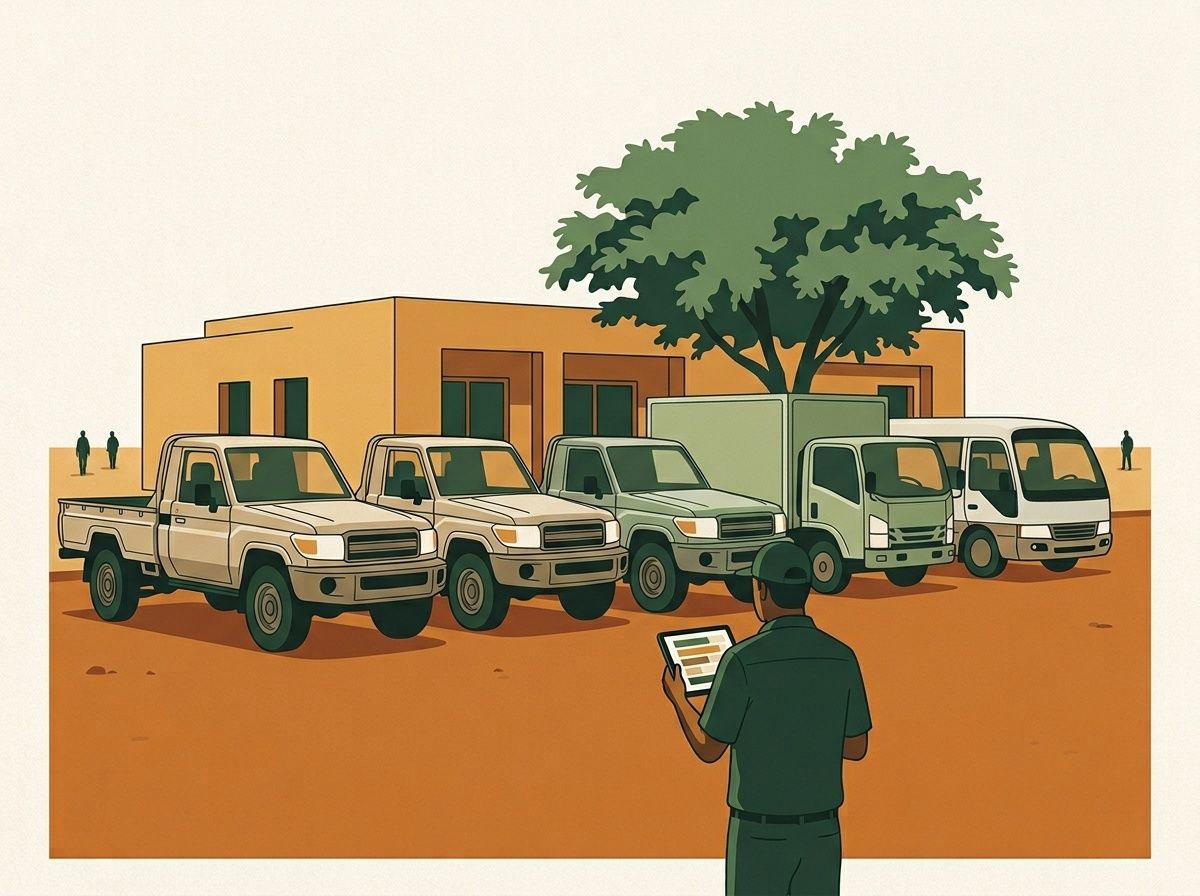 Illustration : véhicules d'entreprise alignés devant un dépôt.