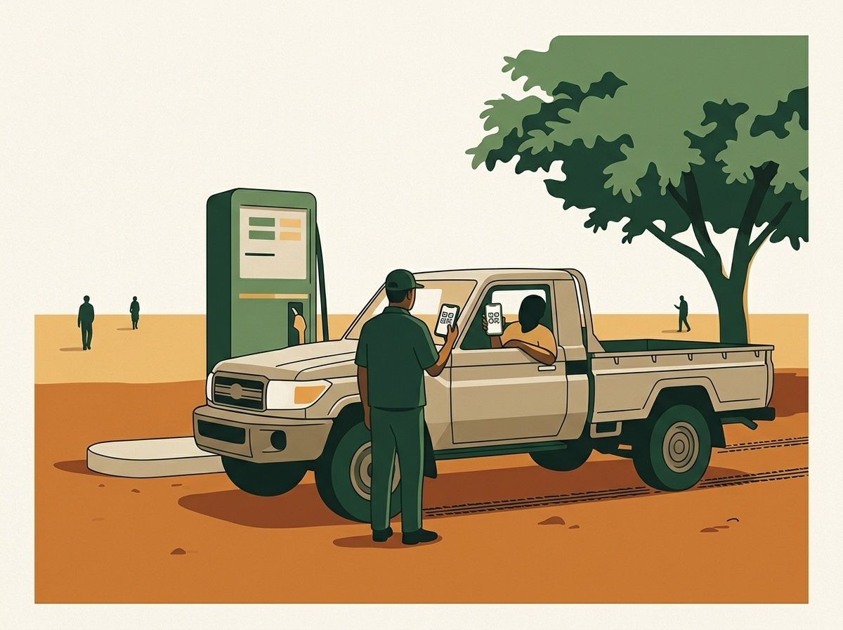 Illustration : un pompiste scanne le QR présenté par le conducteur d'un pick-up.