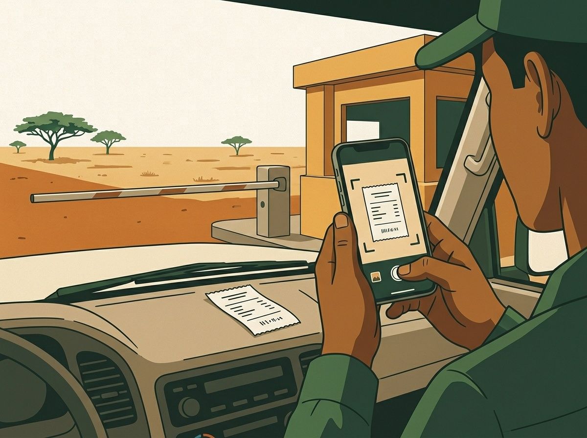 Illustration : un conducteur photographie un ticket de péage avec son téléphone.